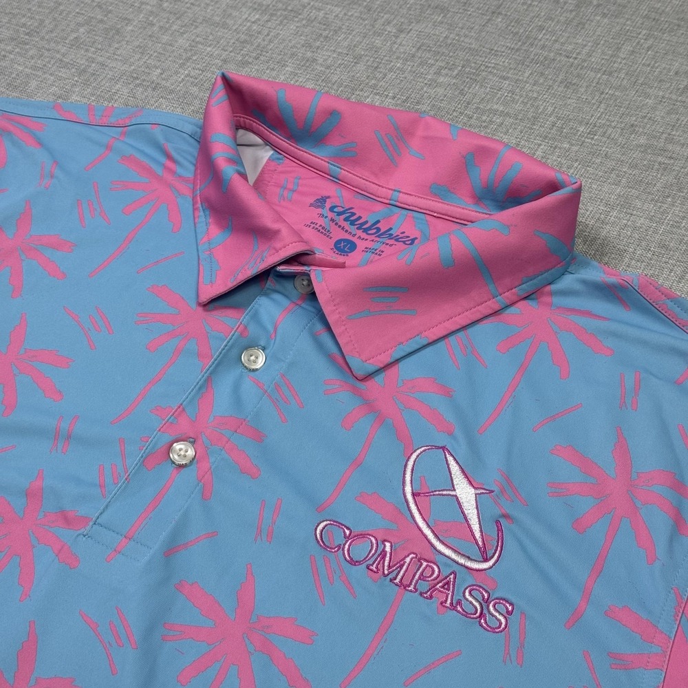 Chubbies Palm‎ Tree Polo Shirt Mens XL Blue Pink Colorblock Compass Embroidered